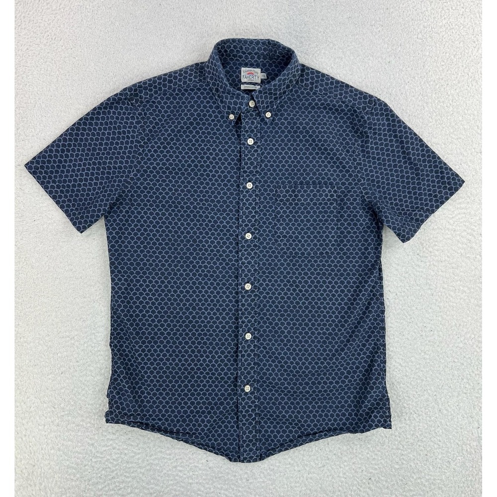 Faherty Shirt Mens Small Blue Playa Geometric Short Sleeve Button Up Indigo